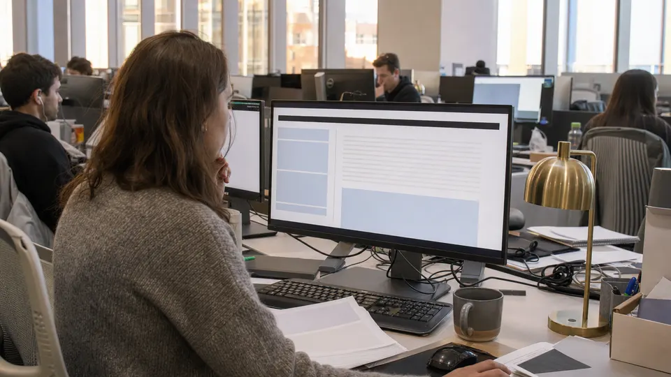 A staffer reads a long policy document at a desk in a bright open-plan tech office, a brass lamp glowing beside the monitor.