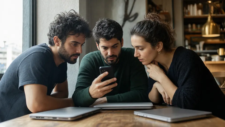 Three app developers gather around a table in a cafe, studying a smartphone together with serious expressions.