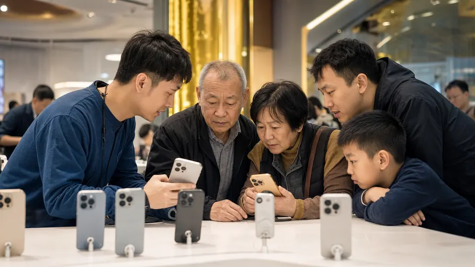 Shoppers gather around a table of smartphones in an electronics store while a store employee demonstrates one of them.