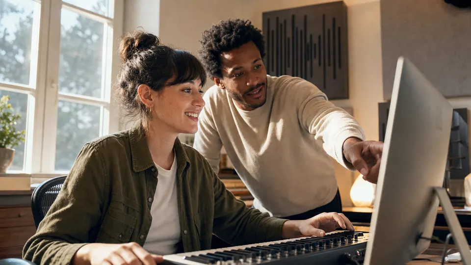 Two creators in a home music studio look at a desktop computer while one rests a hand on a MIDI keyboard.