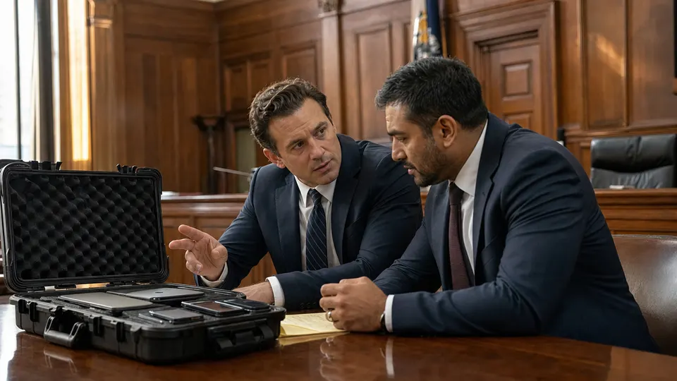 Two lawyers confer over an open evidence case of laptops and phones at a table in a wood-paneled federal courtroom.