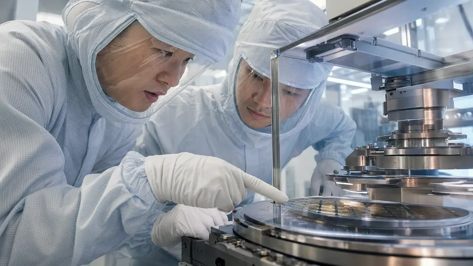 Two engineers in cleanroom suits inspect a chip assembly machine in a semiconductor fabrication facility.
