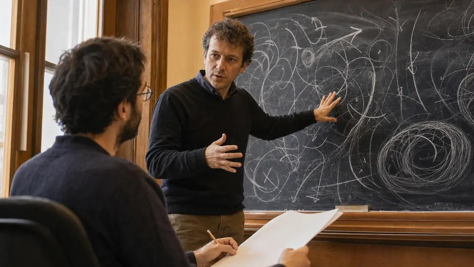 Two mathematicians discuss equations at a chalkboard in a university seminar room.