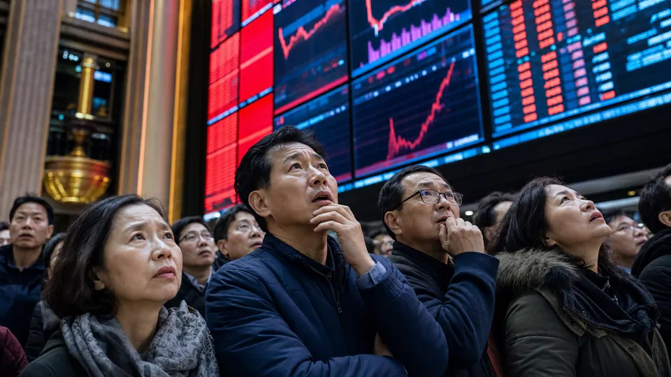 Worried investors in a Seoul trading hall look up at a wall of red market displays during a chip stock sell-off.