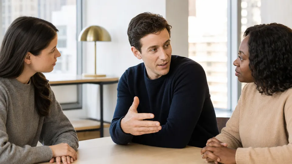 Illustrative photo of a startup founder in conversation with a care coordinator and a therapist at a meeting table in a bright New York office.