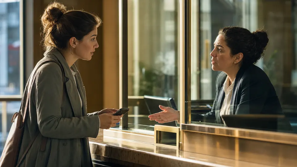 A customer holding a smartphone talks with a bank teller at a branch counter, both looking concerned.