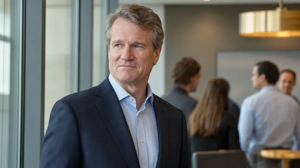 Illustrative photo of a bank chief executive in a dark suit standing in a glass-walled conference room, with blurred colleagues behind him.