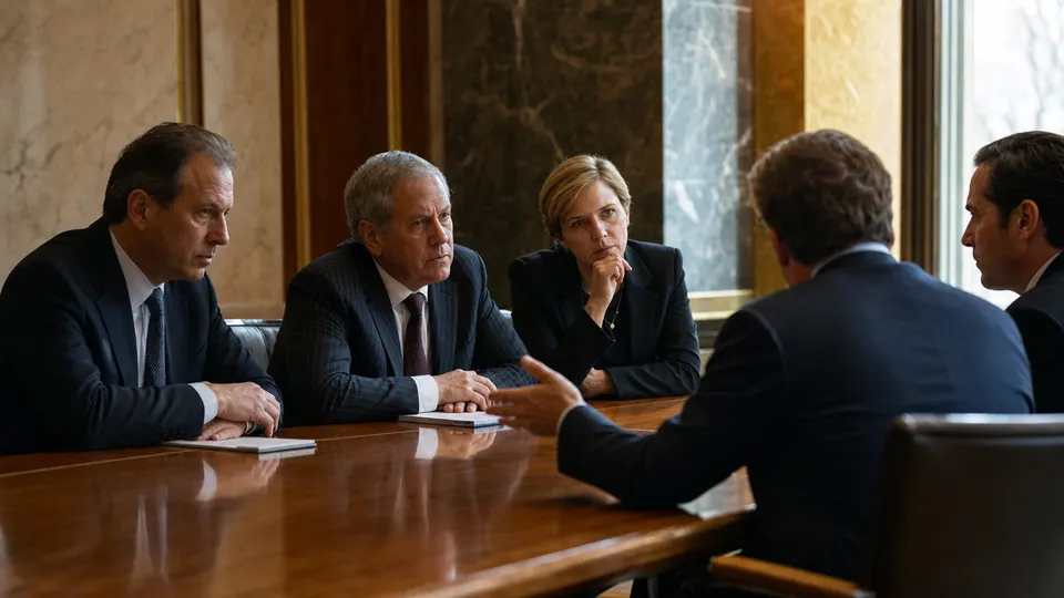 Banking regulators and bank executives in a tense, focused discussion across a boardroom table in warm afternoon light.