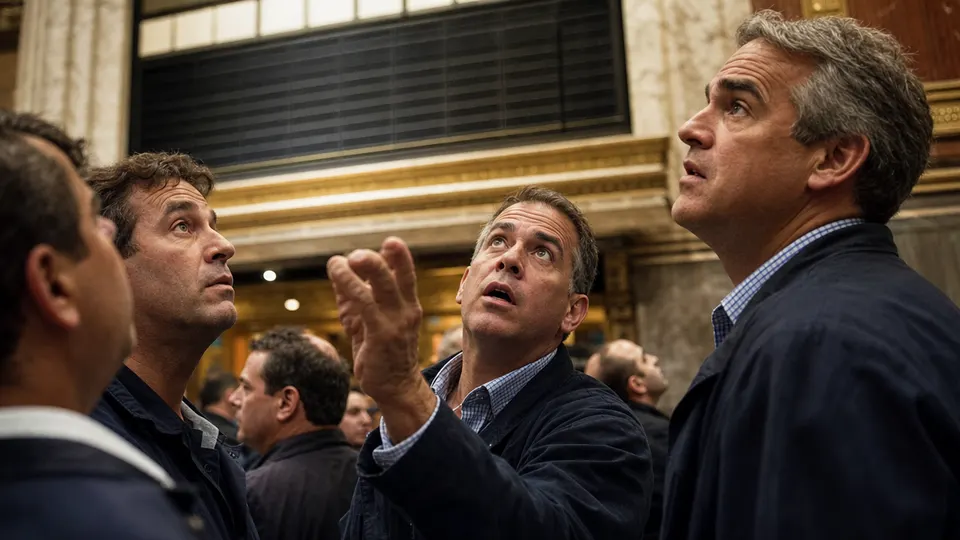 Traders on a stock exchange floor looking up at a large board with tense expressions, an illustrative photo for a story on tech stocks and AI spending.