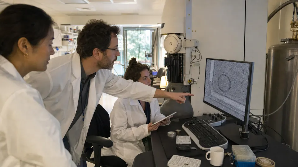 Scientists in lab coats review cell images on a monitor beside a cryo-electron microscope in a research lab.