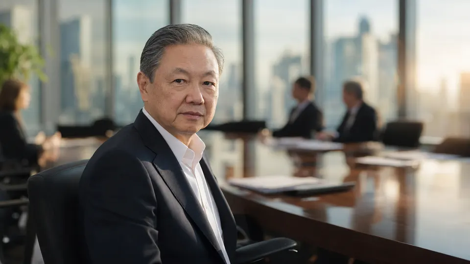Portrait-style photo of a chief executive in a dark suit at a polished boardroom table, with a city skyline behind him in warm light.