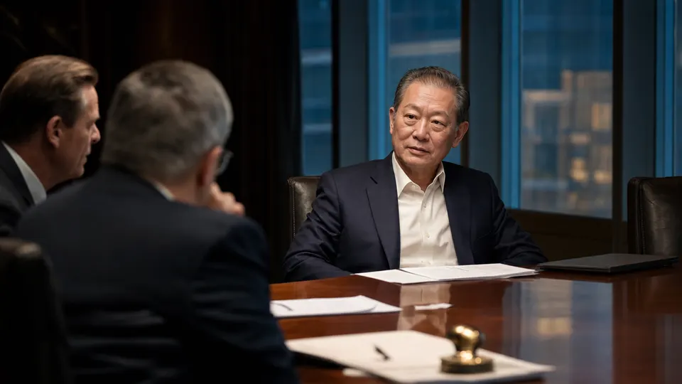 Illustrative photo of a chip company chief executive seated at a boardroom table in conversation with bankers during an evening meeting.