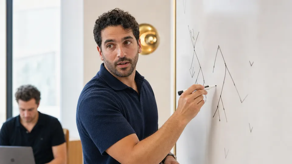 A researcher stands at a whiteboard filled with branching diagrams and V shapes in a bright research office.