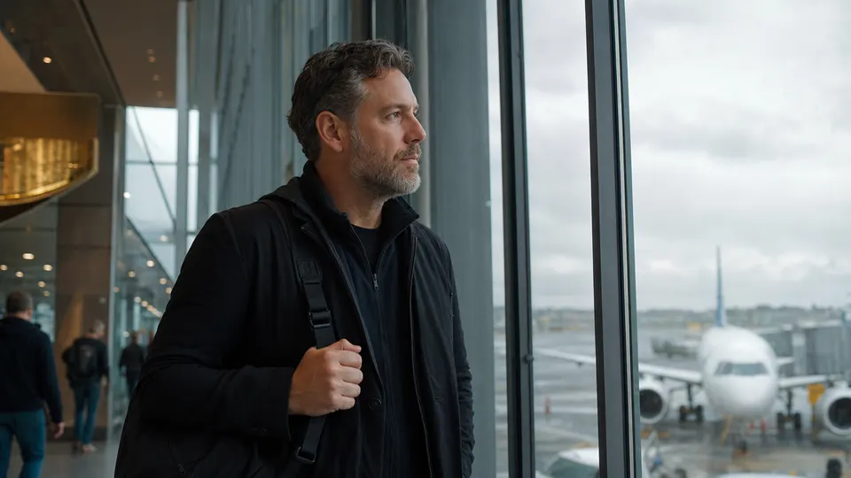 A founder stands at an airport terminal window, looking out at a parked jet in soft morning light.