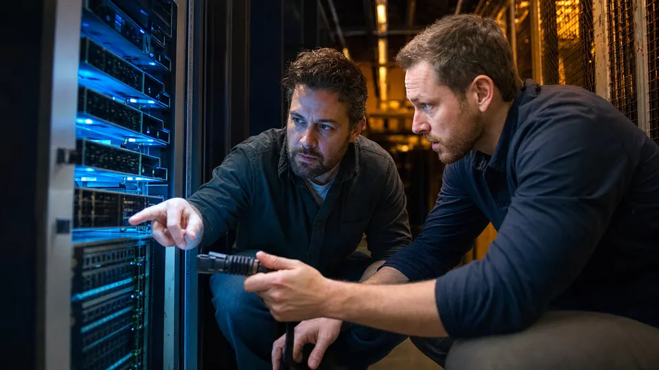 Two engineers in a dim data center aisle disconnecting a network cable from a server rack.