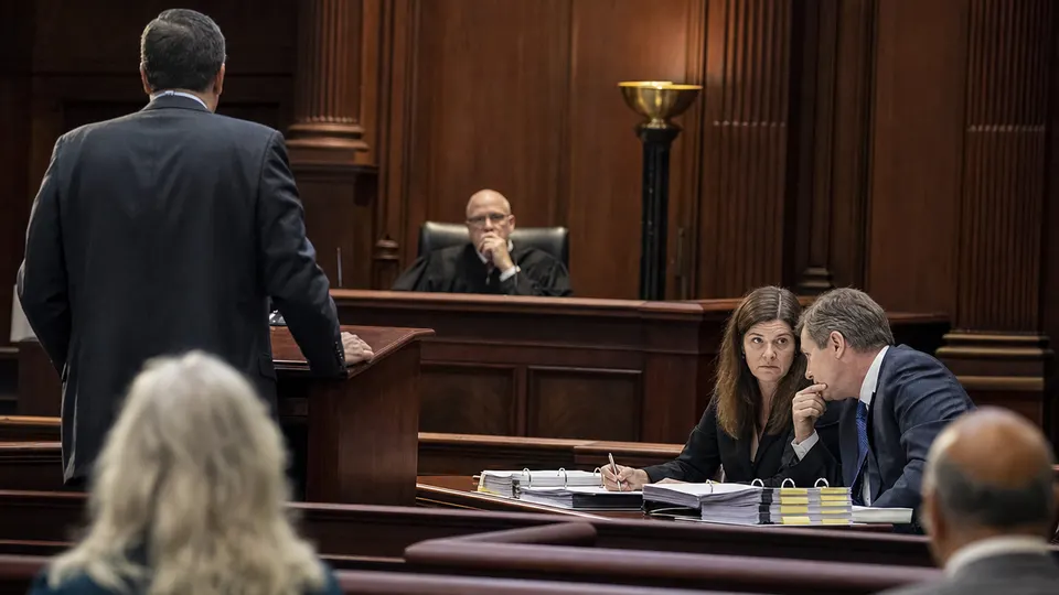 A company executive stands at a lectern in a Delaware bankruptcy courtroom as attorneys at a counsel table study thick binders.