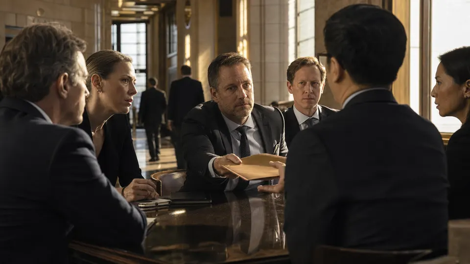 Two teams of lawyers in dark suits negotiate across a polished table in a courthouse, one sliding a folder across as the others lean in.