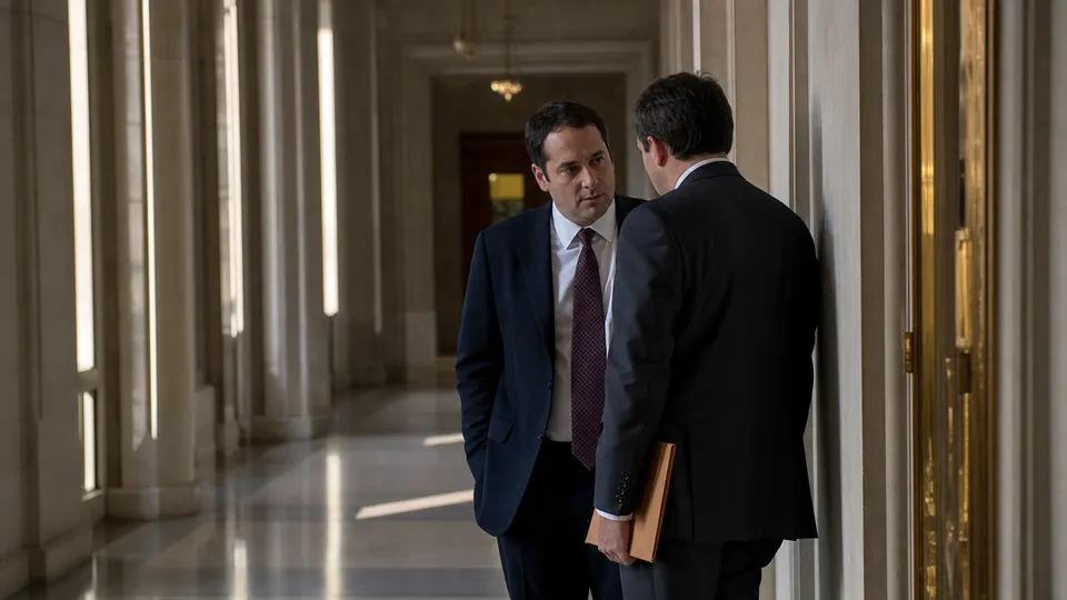 Two lawyers in conversation in a courthouse corridor, one holding a folder, in soft afternoon light.