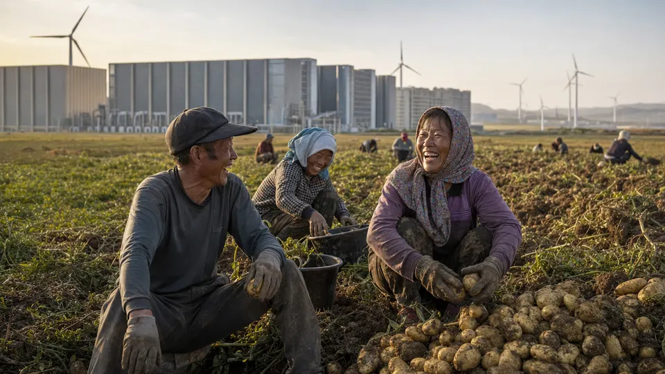 Farmers harvest potatoes in a grassland field with huge data center buildings and wind turbines behind them at sunset.