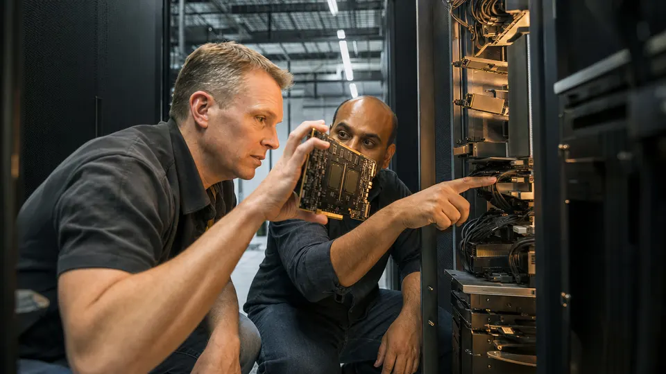 Two engineers inspect accelerator cards in an open server rack inside a data center aisle.