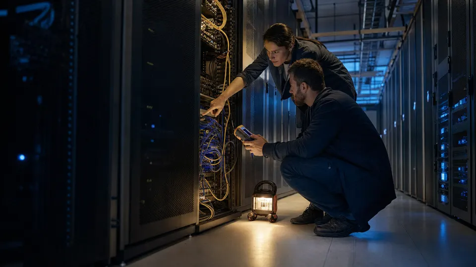 Two engineers inspect server racks in a dim data center aisle, lit by cool blue rack lights.