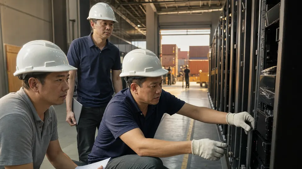 Factory technicians inspect newly assembled server components beside a loading dock with shipping containers, illustrating China's tech hardware export boom.