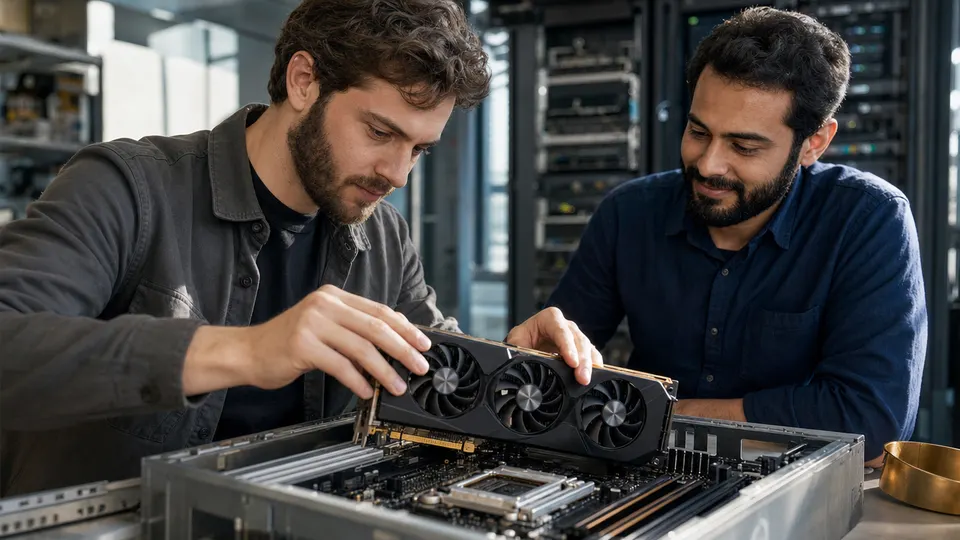 Two engineers install a graphics card into an open desktop workstation in a lab with server racks behind them.