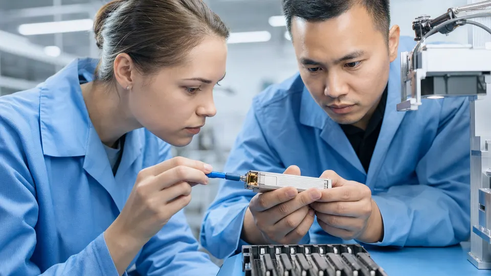 Two engineers inspect an optical networking module on a production bench.