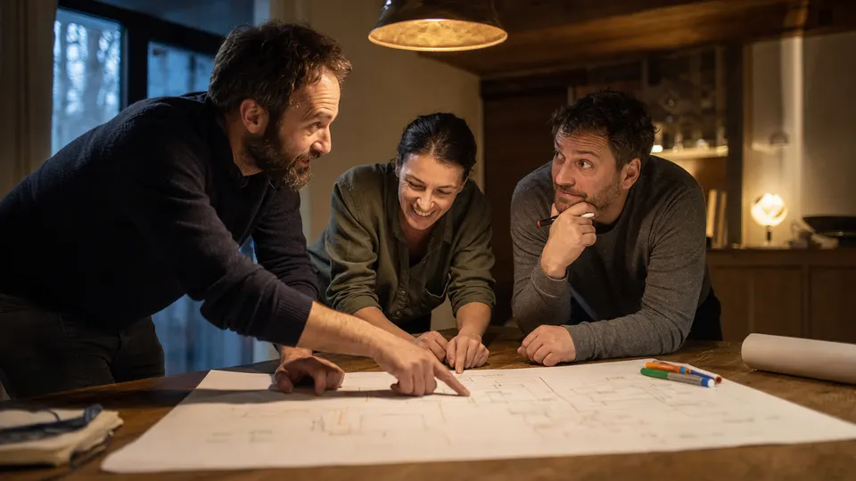 Three engineers gather around a table in warm evening light, discussing a printed diagram and gesturing at it.