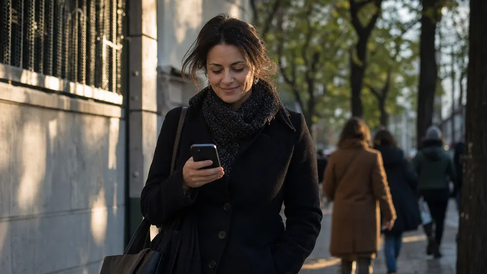 A woman walking along a city street at sunset, smiling as she looks at her phone.