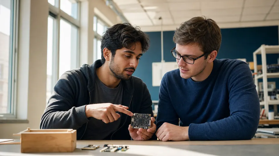 Two researchers examining a small circuit board together at a lab table in daylight.