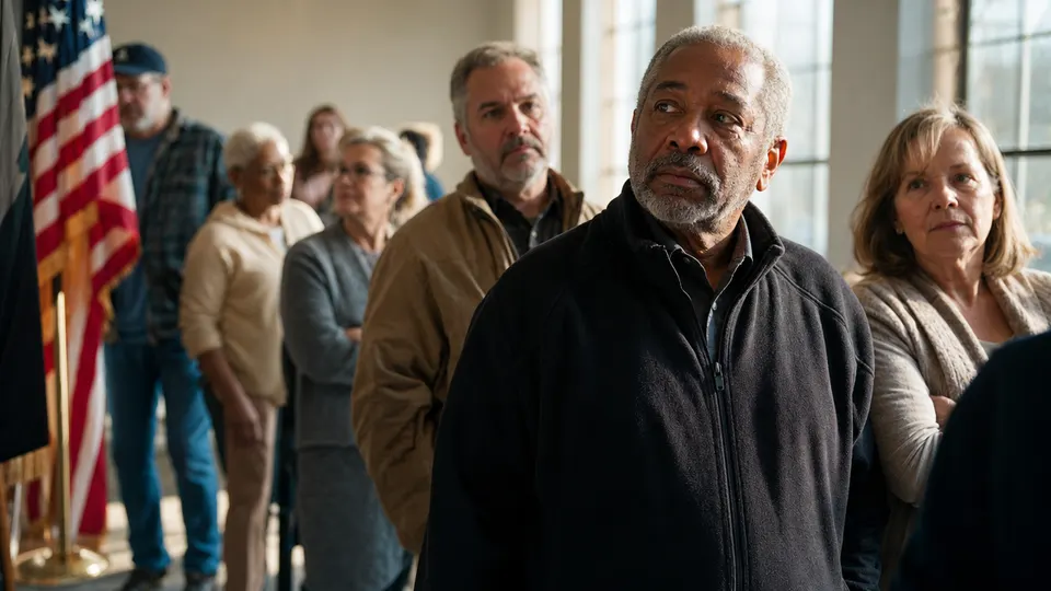 Voters of different ages wait in line inside a community polling place in soft afternoon light.