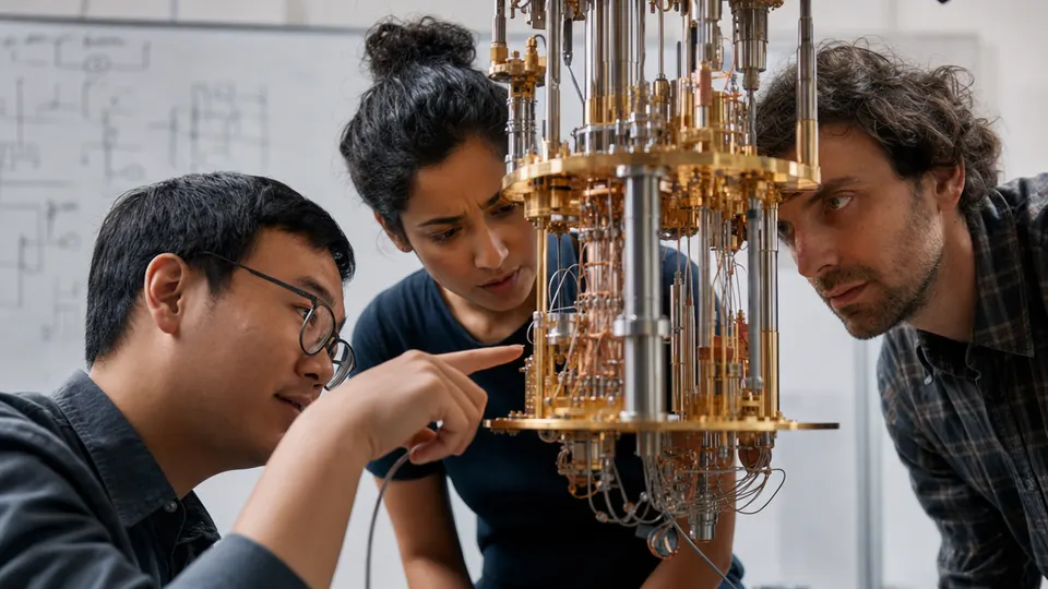 Researchers examining gold-plated quantum computing hardware in a laboratory