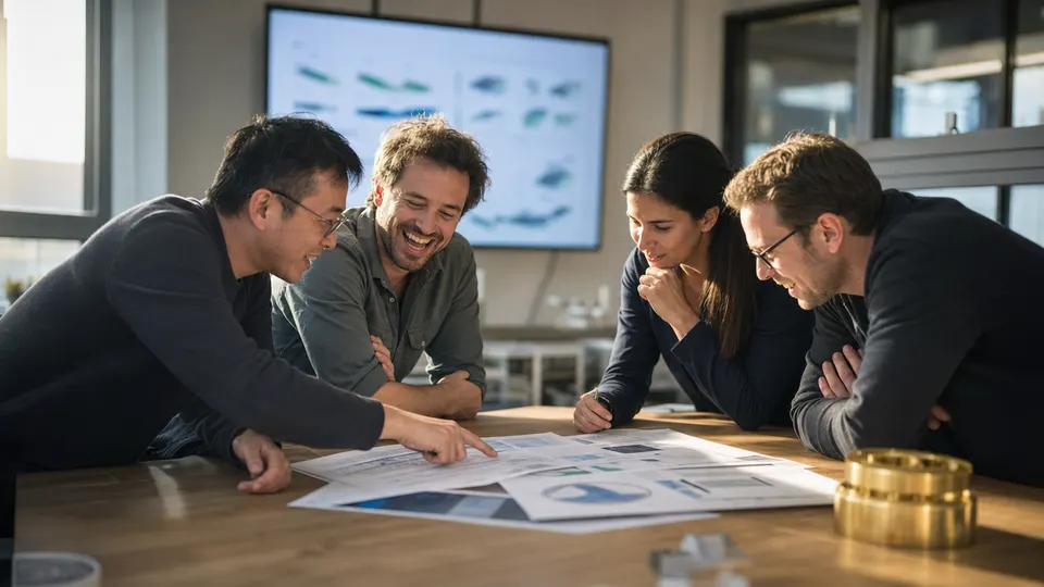 Engineers huddled around a table, studying printed comparison charts in a bright meeting room.