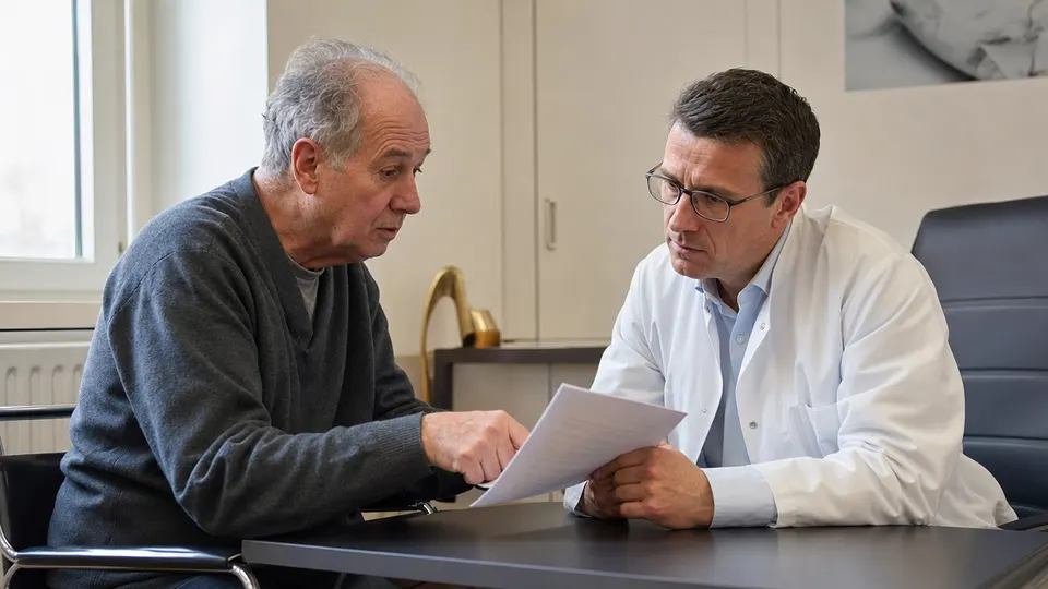 A neurosurgeon and a patient discuss printed pages together at a desk in a hospital consultation room.