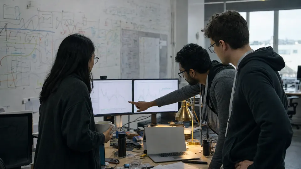 Three engineers gather around a desk in an open-plan office, looking at charts on a monitor beside a brass desk lamp.