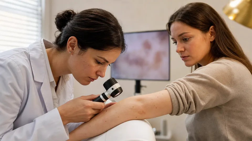 Illustration-style news photo of a dermatologist examining a patient's skin with a handheld dermatoscope in a clinic.
