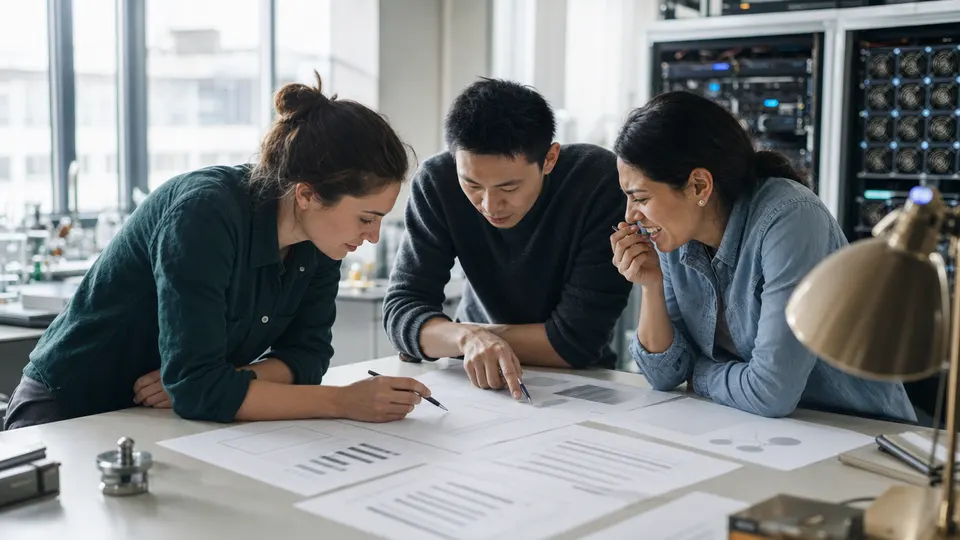 Researchers in a university lab studying printed charts at a table, with a server rack in the background.