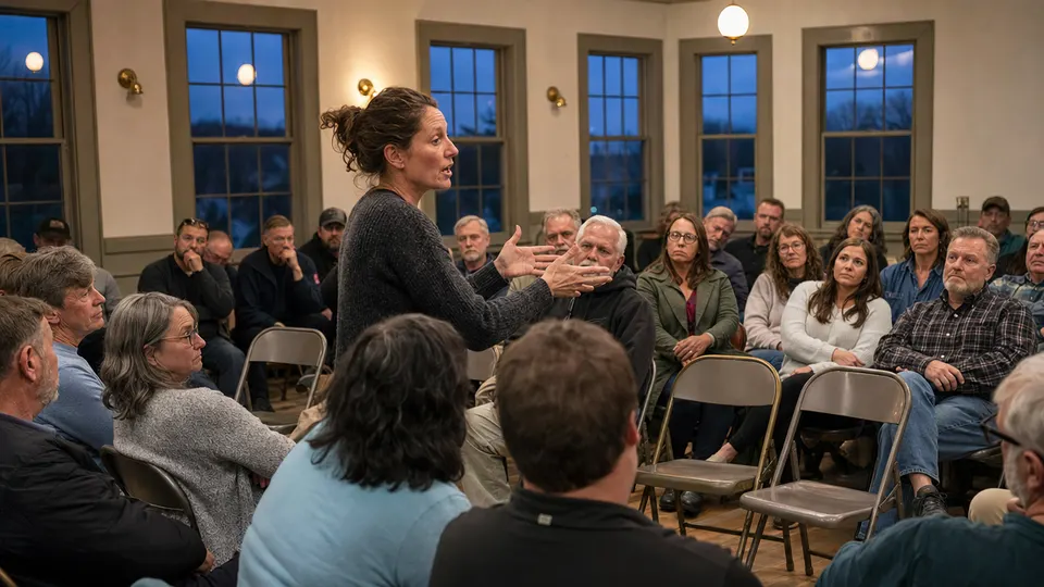 Residents listen during an evening community meeting in a town hall.