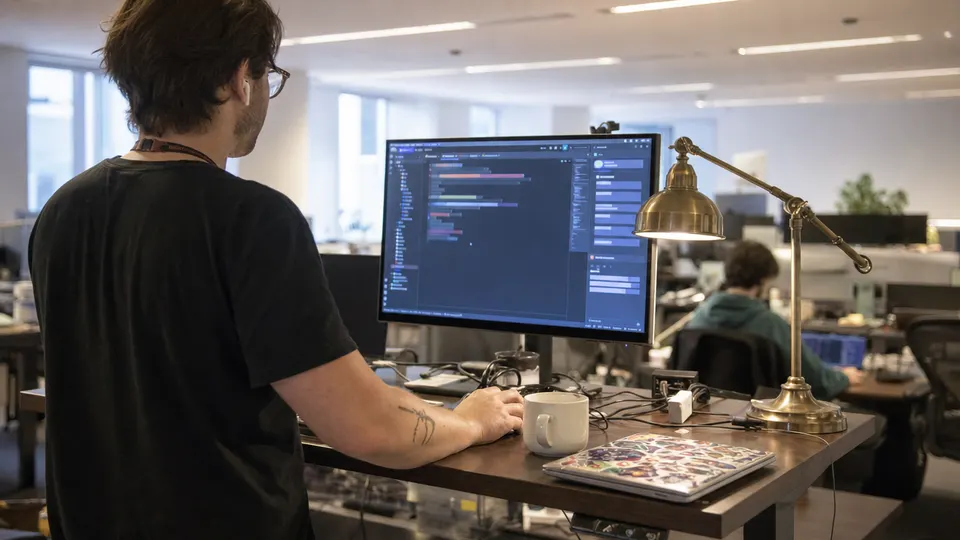 A developer working in an IDE with a chat panel open on a large monitor in a busy office, a brass desk lamp glowing beside the keyboard.