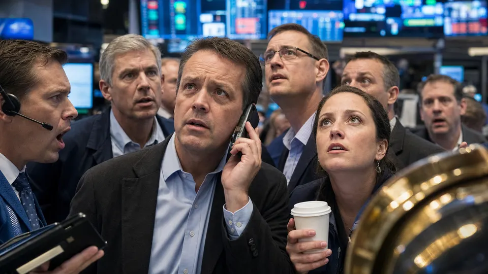Bond traders on a busy trading floor look up tensely at screens during a market sell-off.