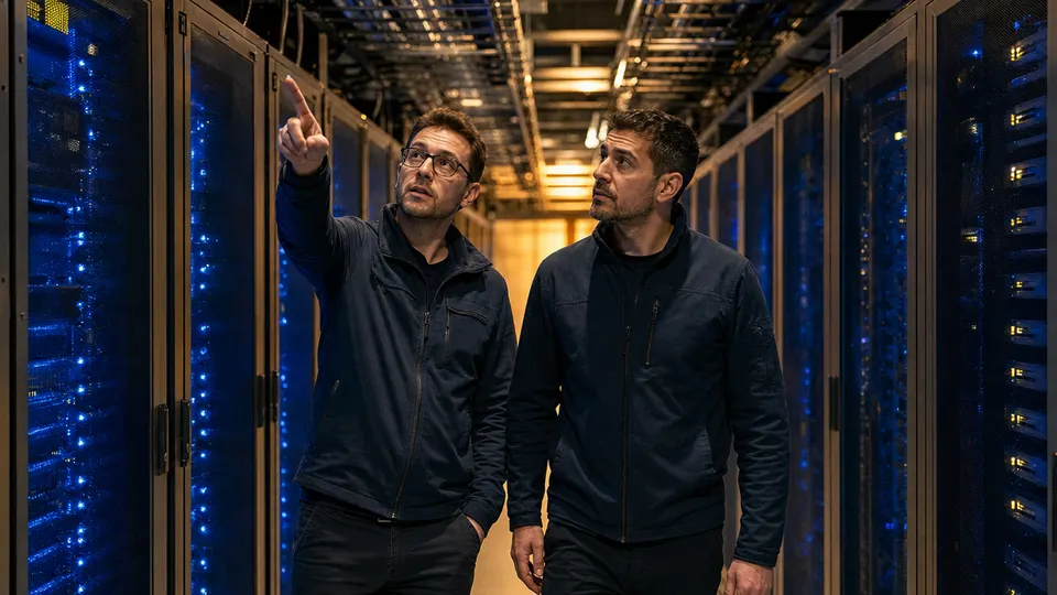 Two technicians walk down an aisle of server racks in a large data-center hall, one pointing at overhead cabling while the other listens.