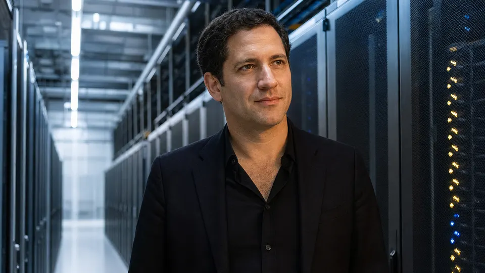 Portrait-style photo of a male technology executive standing in a data center aisle lined with server racks.