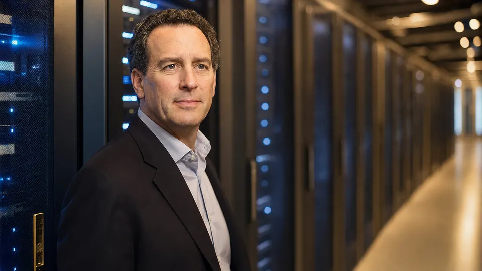 A business executive in a dark jacket stands in a large data center hall lined with server racks, looking calmly toward the camera.