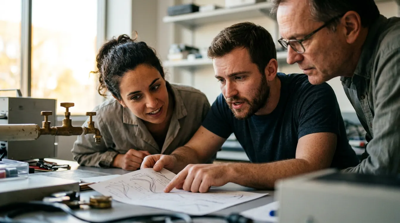 Researchers discussing a printed chart around a lab table in warm afternoon light