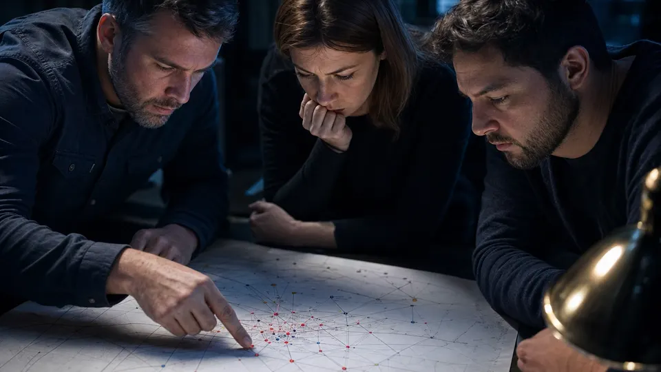 Three cybersecurity analysts studying a printed network map on a table in a dimly lit operations room, illustrative image.
