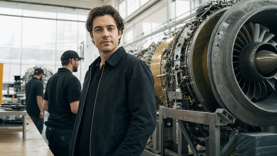 A business executive stands beside a large industrial gas turbine in a manufacturing hall, with engineers working in the background.