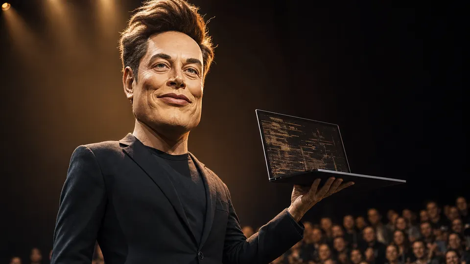 A puppet caricature of Elon Musk on a conference stage holding up a laptop, with a blurred audience of engineers behind him.