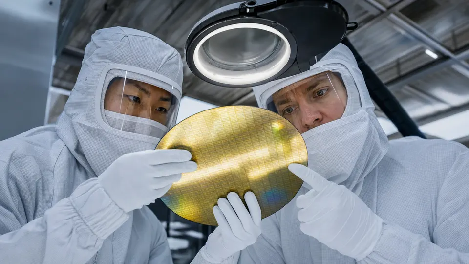 Two engineers in cleanroom suits inspect a silicon wafer under a bright lamp in a chip fabrication facility.
