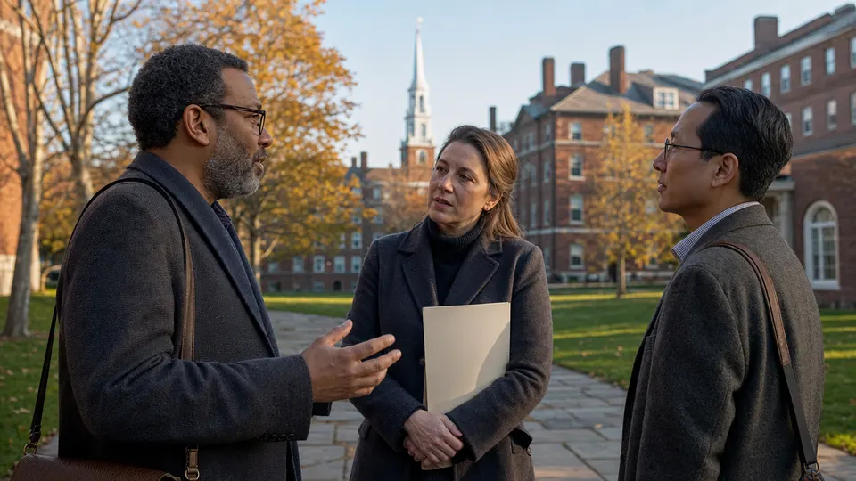Faculty members talking on a college green in autumn, with brick campus buildings behind them.